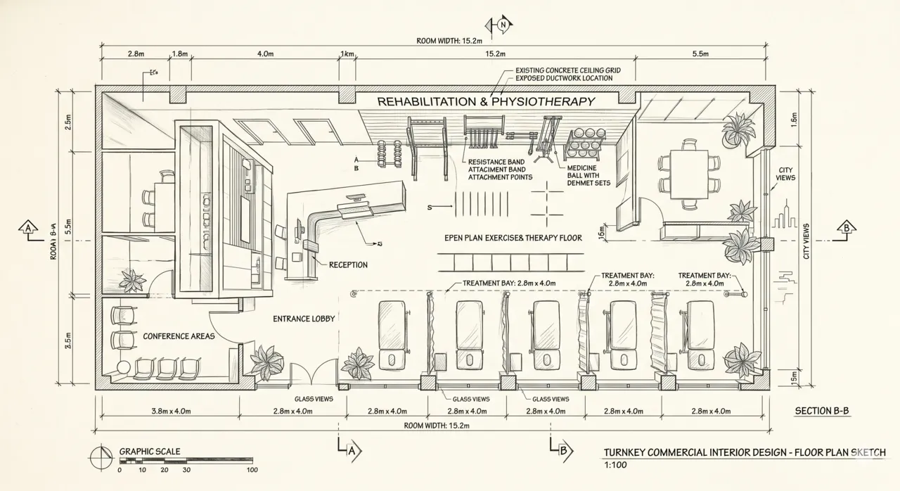 Turnkey commercial interior design — floor plan sketch