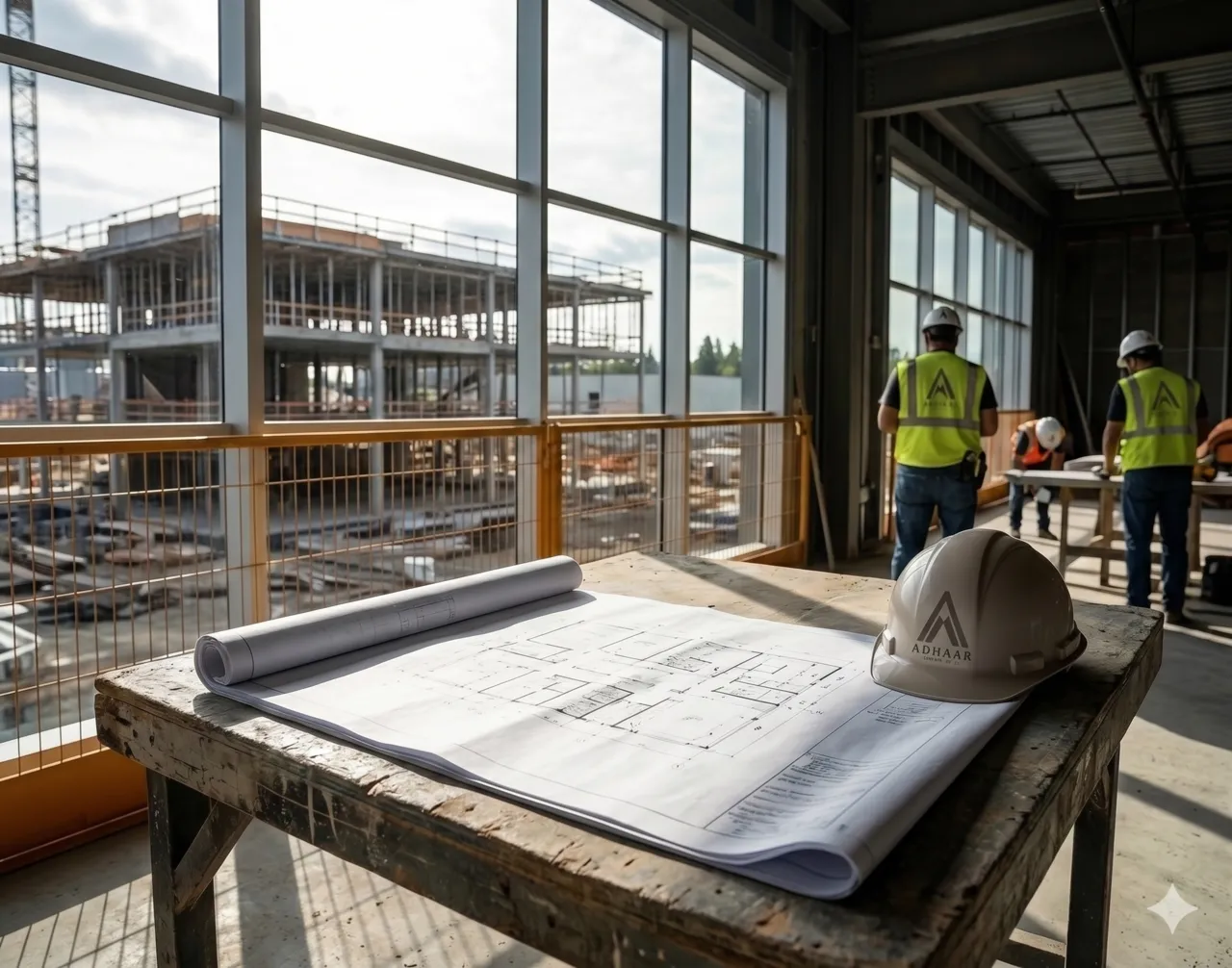 Construction management — blueprints and active construction site