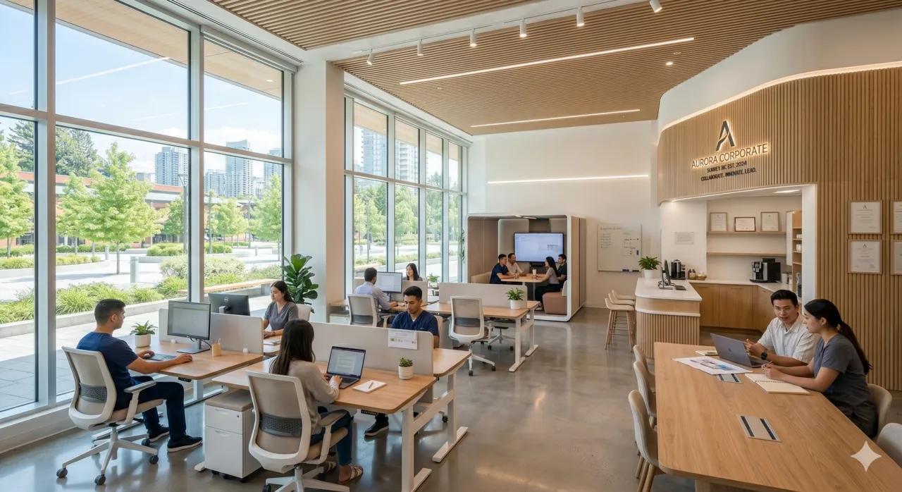 Modern corporate office interior — open plan workspace