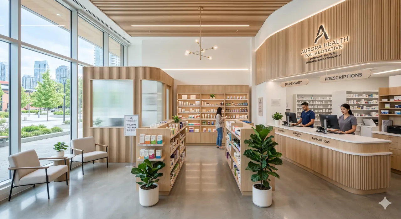 Modern pharmacy interior — dispensary and retail layout